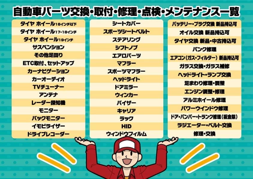 自動車パーツ交換・取付・修理・点検・メンテナンス一覧