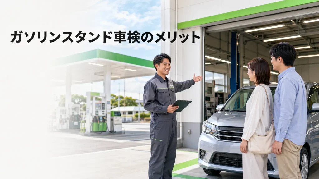 ガソリンスタンド車検のメリットを説明する整備士と利用者