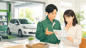 車検の高い見積もりについて整備士から説明を受ける利用者