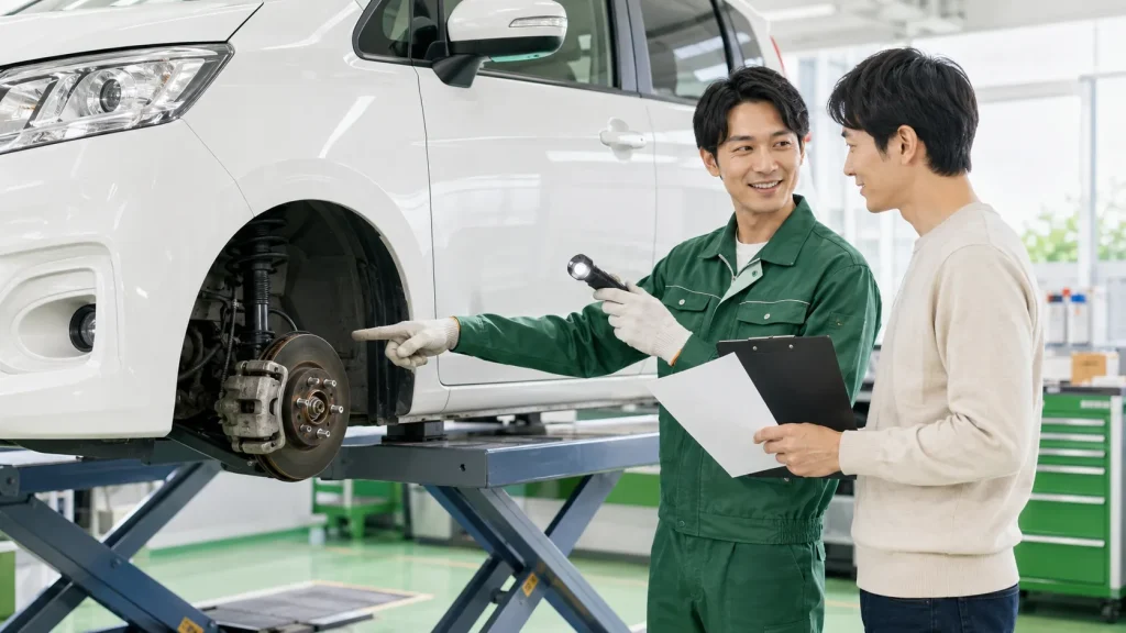 車検の事前点検で整備が必要な箇所の説明を受ける利用者